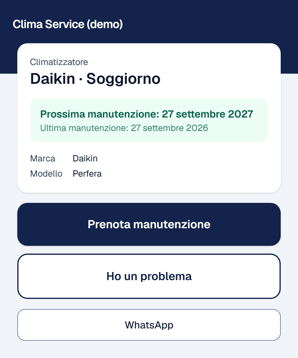 Pagina che vede il cliente quando inquadra l'adesivo: prossima manutenzione, Prenota, Ho un problema