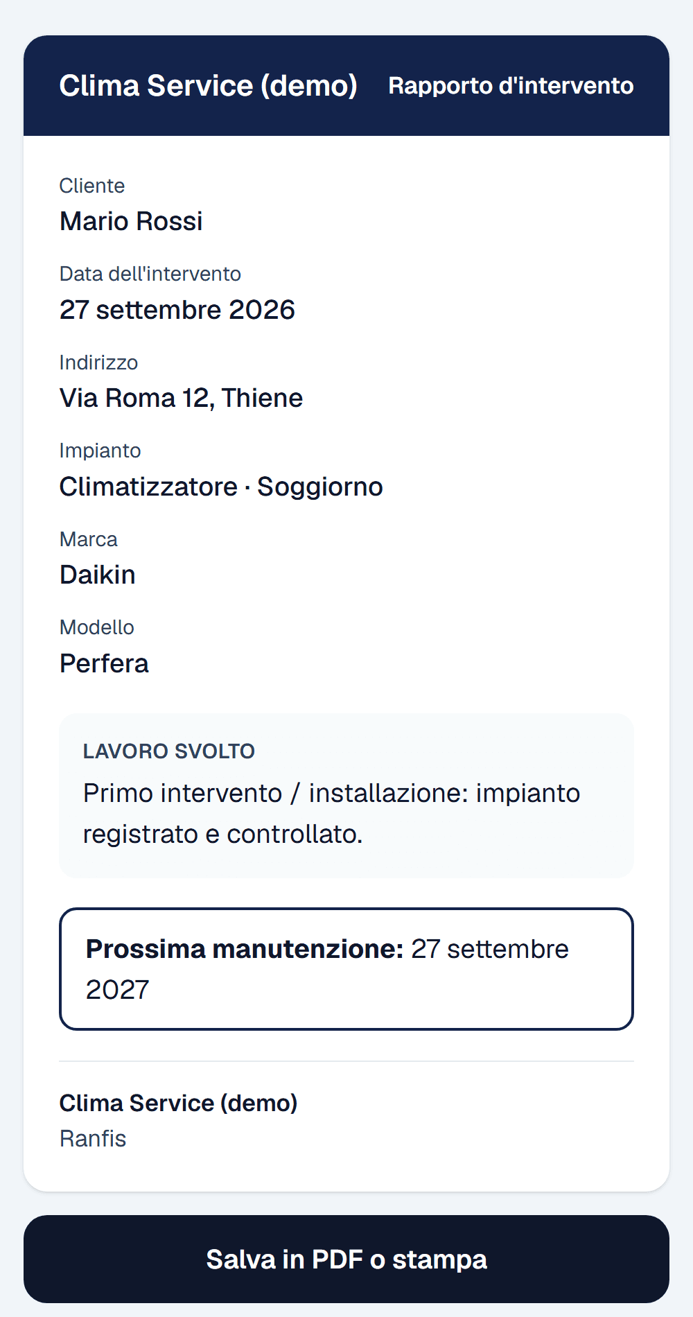 Rapporto d'intervento con cliente, data, impianto, lavoro svolto e prossima manutenzione
